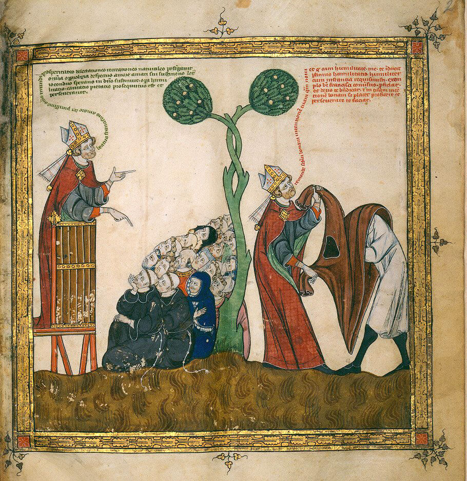 Ramon listens to a bishop preach on the feast of Saint Francis and two years later receives the habit from the same bishop.