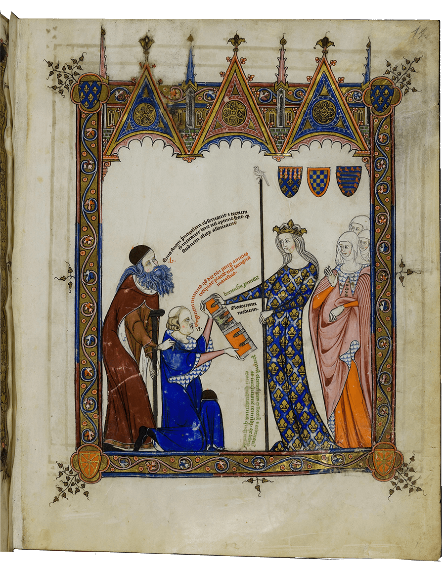 Presentation of the work by the authors to Queen Jeanne de Bourgogne-Artois.
